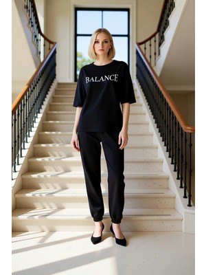 Kadın Alt Üst Örme Kumaş Slogan Baskılı T Shirt Lastikli Paça Eşofman Altı Takımı Rahat Günlük Giyim