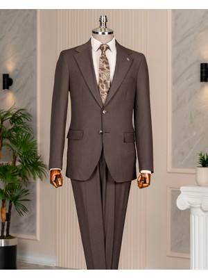 Italyan Stil Slim Fit Mono Yaka Ceket Pantolon Takım Elbise Kahverengi T14761
