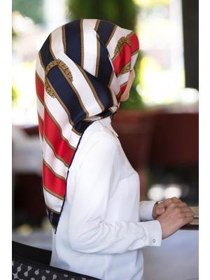 Vissona %100 Twill Ipek Kemer Desenli Lacivert - Kırmızı Renkli 90X90 Eşarp Dikim Şekli : El Dikişi