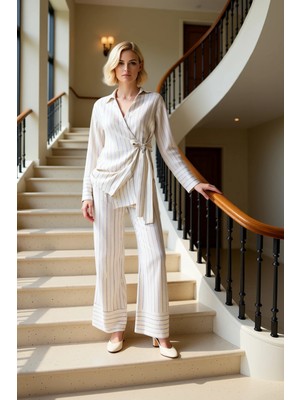 Kadın Alt Üst Çizgili Keten Dokulu Anvelop Bağlamalı Gömlek Geniş Paça Pantolon Takımı Rahat Kesim