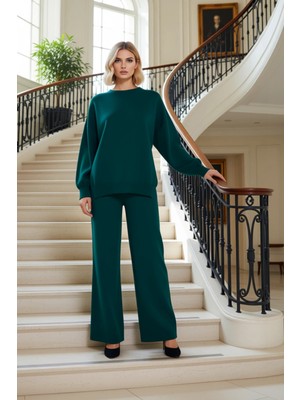 Kadın Alt Üst Düz Renk Bisiklet Yaka Düşük Omuz Uzun Kollu Oversize Triko Kazak Geniş Paça Pantolon