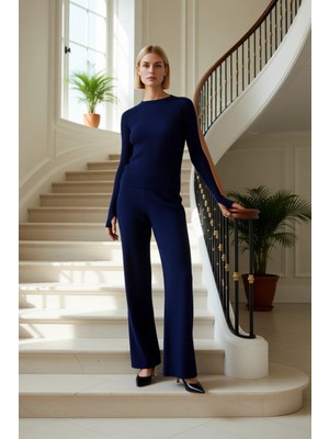 Kadın Alt Üst Fitilli Triko Alt Üst Takım Parmak Detaylı Uzun Kollu Bisiklet Yaka Konforlu Kombin