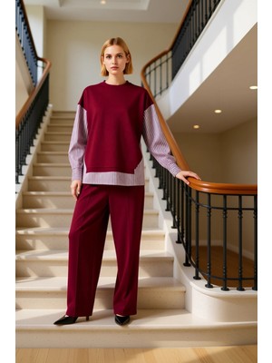 Kadın Alt Üst Oversize Rahat Kesim Örme Sweatshirt ve Geniş Paça Eşofman Takım Çizgili Dokuma Kumaş