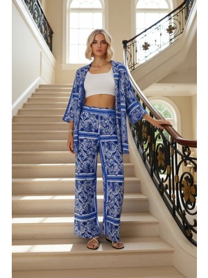 Kadın Alt Üst Şal Desenli Örme Kimono Geniş Paça Pantolon Takımı Yazlık Günlük Konforlu Tasarım
