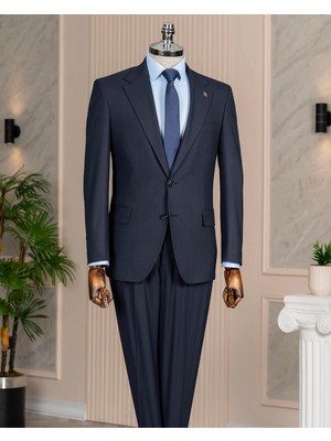 Italyan Stil Slim Fit 4 Drop Çizgili Ceket Pantolon Takım Elbise Lacivert T14409