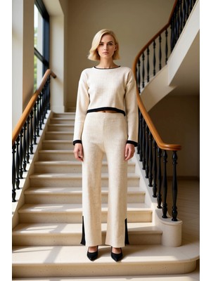Kadın Alt Üst Kayık Yaka Uzun Kollu Crop Triko Kazak Geniş Paça Yırtmaç Pantolon Alt Üst Takımı