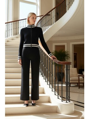 Kadın Alt Üst Fermuarlı Crop Triko Ceket ve Yüksek Bel Geniş Paça Triko Pantolon Seti