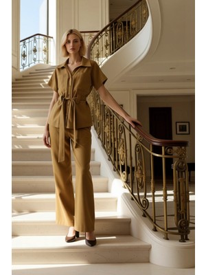 Kuşak Detaylı Kısa Kollu Gömlek ve Geniş Paça Pantolon Ikili Takım Kadın Alt Üst Günlük Şıklık Şık