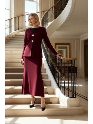 Kadın Alt Üst V Yaka Düğmeli Triko Hırka Düz Kesim Etek Ikili Takım Akrilik Kışlık Kombin Günlük