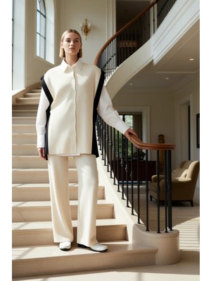 Kadın Alt Üst Renk Bloklu Düğmeli Triko Yelek ve Geniş Paça Pantolon Takımı Şık ve Rahat Kombin Spor