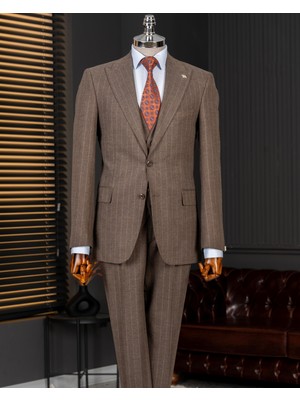 Italyan Stil Sivri Yaka Erkek Ceket Yelek Pantolon Takım Elbise Kahverengi T14649