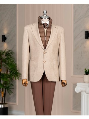 Italyan Stil Slim Fit Desenli Kapitone Çıkma Yaka Torba Cep Ceket Bej T15123