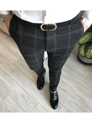 Terzi Adem İtalyan stil slim fit erkek ekoseli kumaş pantolon Antrasit T5191