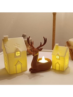 Kış Evleri Geyik Mumluk Noel Yılbaşı Süsü Dekoratif Biblo Tealight Mumluk Seti Mumlar Dahildir