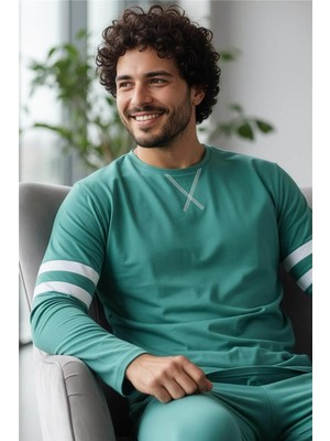 Turkuaz Line Desenli Stylish Erkek Uzun Kol Pijama Takımı