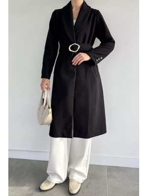 Gülseli Kadın Bel Kuşaklı Gold Toka Detaylı Kaşe Kaban P-00019459