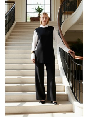 Kadınlara Özel Düğmeli Bisiklet Yaka Triko Süveter ve Geniş Paça Pantolon Takımı Modern Görünüm