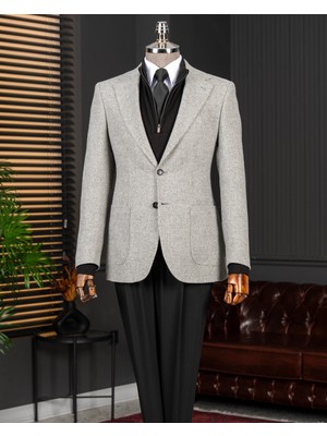 Italyan Stil Slim Fit Mono Yaka Yünlü Erkek Tek Ceket Gri T14953