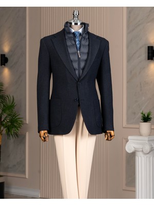 Italyan Stil Slim Fit Kapitone Çıkma Yaka Torba Cep Ceket Lacivert T15121