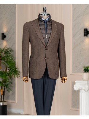 Italyan Stil Slim Fit Desenli Kapitone Çıkma Yaka Torba Cep Ceket Kahve T15124