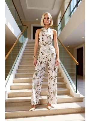 Kadın Alt Üst Yaprak Desenli Halter Yaka Üst ve Geniş Paça Pantolon Takımı Yazlık Şıklık Dayanıklı