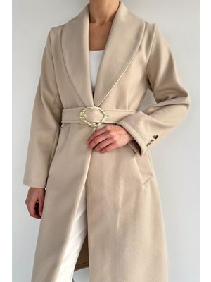 Gülseli Kadın Bel Kuşaklı Gold Toka Detaylı Kaşe Kaban P-00019459