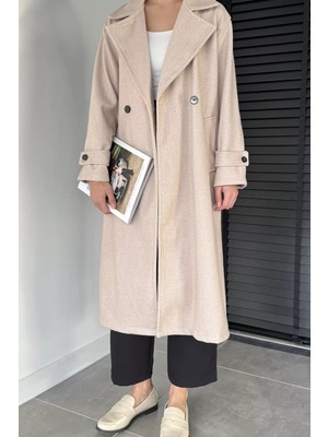 Gülseli Kadın Kruvaze Yaka Çift Cepli Kaşe Kaban P-00019462