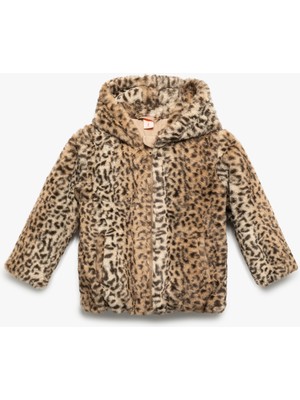Koton Kapüşonlu Uzun Kollu Leopar Desenli Peluş Ceket