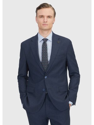 Lacivert Desenli Zeroweight Slim Fit %100 Yün Takım Elbise