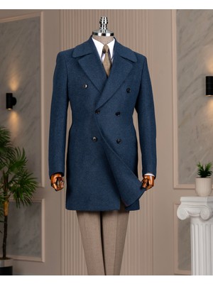 Italyan Stil Slim Fit Kruvaze Kaşe Yan Cepli Erkek Kaban Lacivert T14987