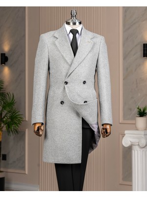 Italyan Stil Slim Fit Kruvaze Yün Karışımlı Kaşe Erkek Kaban Gri T15007