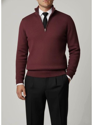 Italyan Stil Slim Fit Fermuarlı Polo Yaka Triko Kazak Bordo T14943