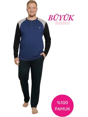 Bie's Erkek Mavi Büyük Battal Beden Desenli 3 Düğmeli %100 Pamuk Mevsimlik Uzun Kol Cepli Pijama Takımı