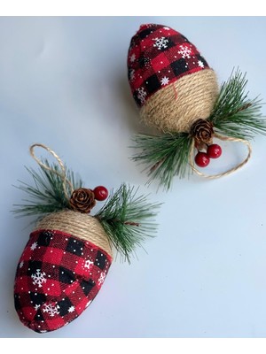 Empressco Yılbaşı 2'li Hasır Ekose Kozalak Çiçekli Çam Ağacı Süsü Kırmızı