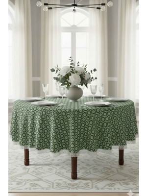 Rona Home Yeşil Yuvarlak Masa Örtüsü Güpürlü Model – Şık Yemek Masası Örtüsü