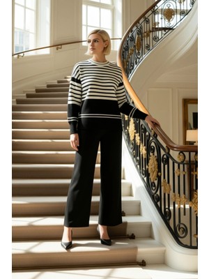 Kadın Alt Üst Geniş Kalıp Çizgili Triko Kazak ve Düz Paça Pantolon Takımı Gün Boyu Konforlu Şıklık