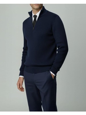 Italyan Stil Slim Fit Fermuarlı Polo Yaka Triko Kazak Lacivert T14945