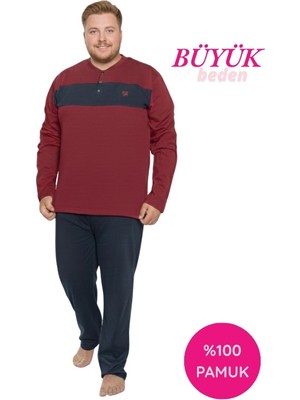 Bie's Erkek Bordo Büyük Battal Beden Desenli 3 Düğmeli %100 Pamuk Mevsimlik Uzun Kol Cepli Pijama Takımı