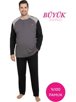 Bie's Erkek Antrasit Büyük Battal Beden Desenli 3 Düğmeli %100 Pamuk Mevsimlik Uzun Kol Cepli Pijama Takım