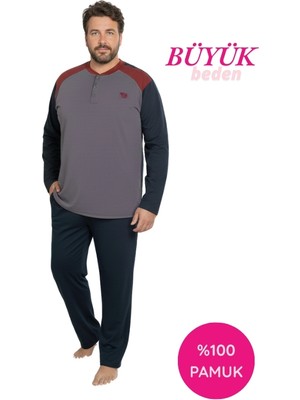 Bie's Erkek Antrasit Bordo Büyük Beden Desenli 3 Düğmeli %100 Pamuk Mevsimlik Uzun Kol Cepli Pijama Takımı