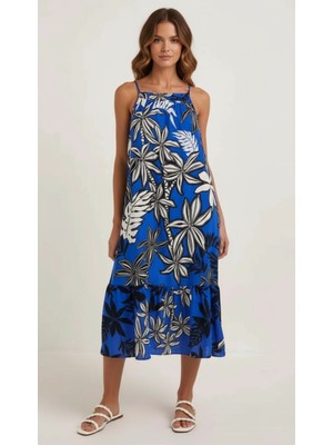 Kadın Yaprak Desenli Askılı Viskon Elbise