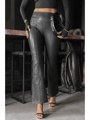 Kadın Yüksek Bel Paçaya Doğru Geniş Deri Pantolon