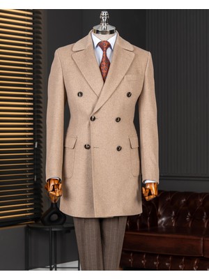 Italyan Stil Slim Fit Kruvaze Yün Karışımlı Kaşe Erkek Kaban Bej T14706