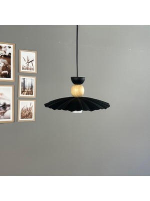 Bamyum Moriva Siyah Metal Avize Ahşap Şapka Başlık Tekli Rustik Cafe Modern Sarkıt Aydınlatma