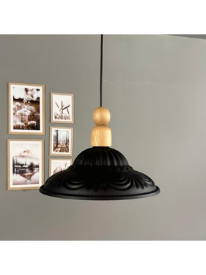 Bamyum Ralivo Siyah Metal Avize Tekli Kalın Ahşap Boncuk Başlık Mutfak Modern Dekoratif Sarkıt Aydınlatma