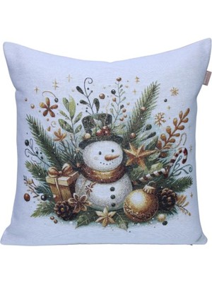 Believe Ağaçlı Kardan Adam Jakarlı Dokuma Goblen  Dekoratif Yılbaşı Simli  45*45 Kırlent