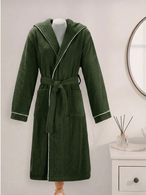 Layvera Unisex Koyu Yeşil %100 Pamuk Bornoz Yüksek Kalite | Kapüşonlu-Biyeli-Cepli-Yeşil