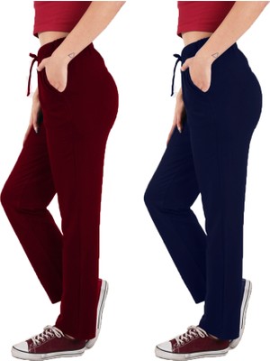 ASN Concept Kadın Viskon Kumaş 2'li Paket Bordo/lacivert Eşofman Altı (Büyük Beden Seçeneğiyle)