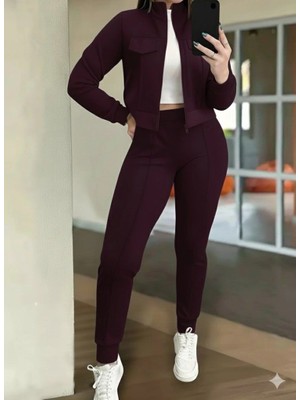 Kadın Uzun Kollu Önden Fermuarlı Kısa Modal Mor Ceket ve Pantolon Ikili Takım