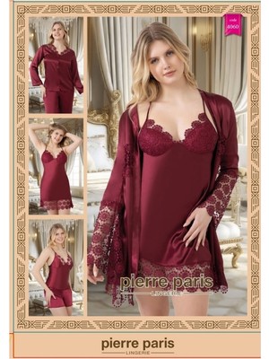 Pierre Paris Ipek Saten 6'lı Kısa Gecelik Sabahlık TAKIM-4060 Bordo